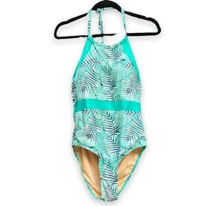 Sea and Sand One Piece Halter Bathing Suit Green Teal Tropical Print Womens 16